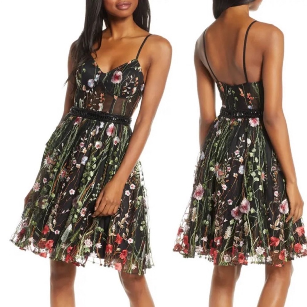 Mac Duggal Black Floral Embroidered A-Line Cocktail Dress